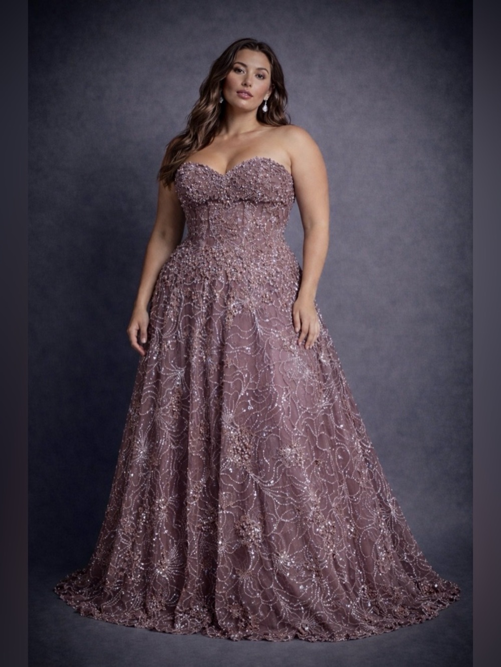 Jovani | Mauve Embellished Strapless Ball Gown Floral Sequin Overlay - Picture 4 of 7